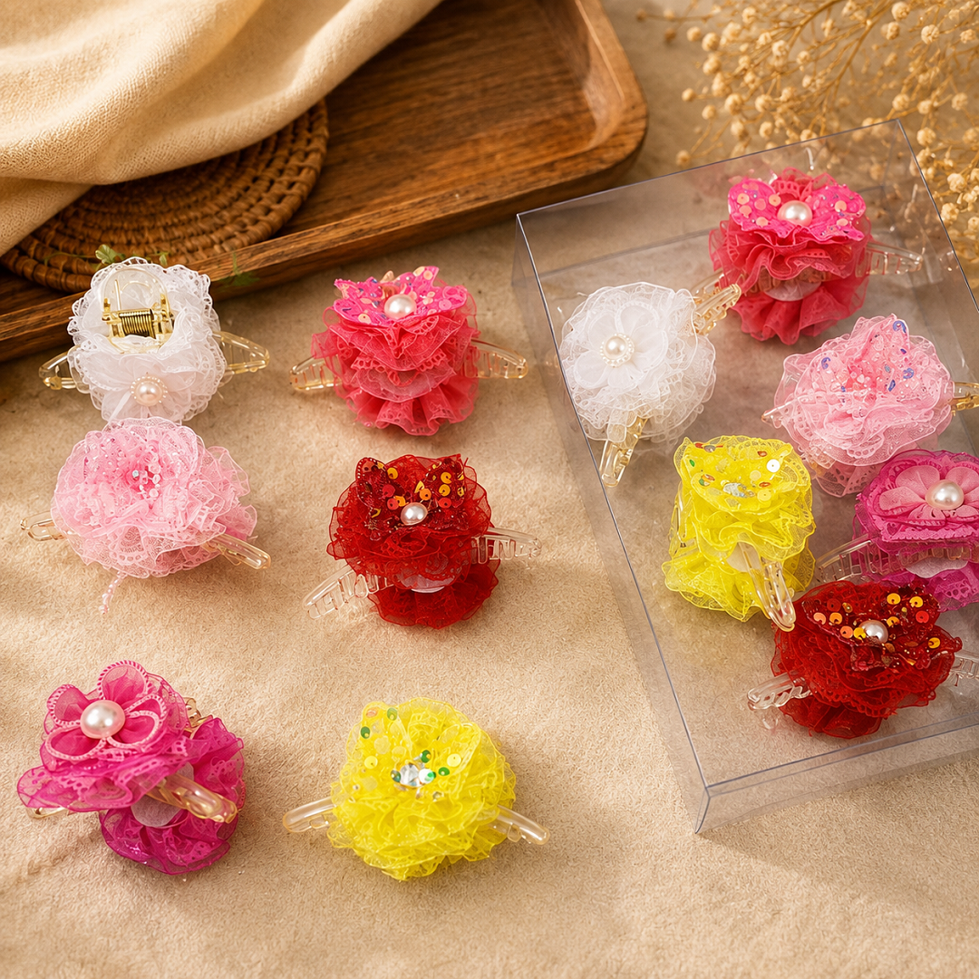 Sequin Flower Hair Claw Clips Pack of 12 Pcs – Fancy Party Wear Hair Clutcher | Wholesale Price ₹288 per Dozen