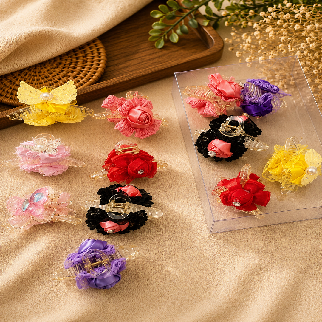 Fancy Flower & Bow Hair Claw Clips Pack of 12 Pcs – Premium Hair Clutcher | Wholesale Price ₹288 per Dozen