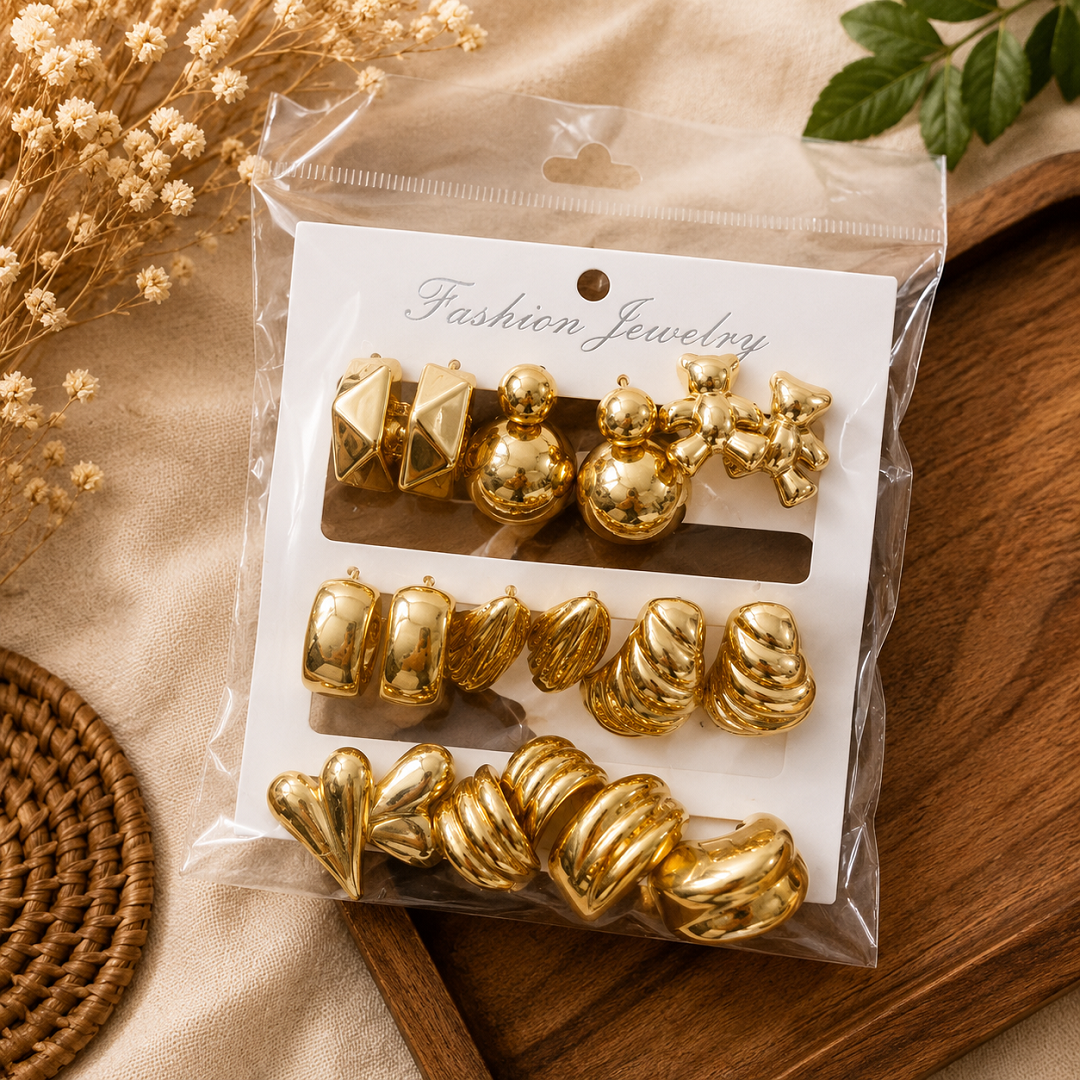 Premium Gold Fashion Earrings Collection – Pack of 9 Pairs | Wholesale Price ₹180