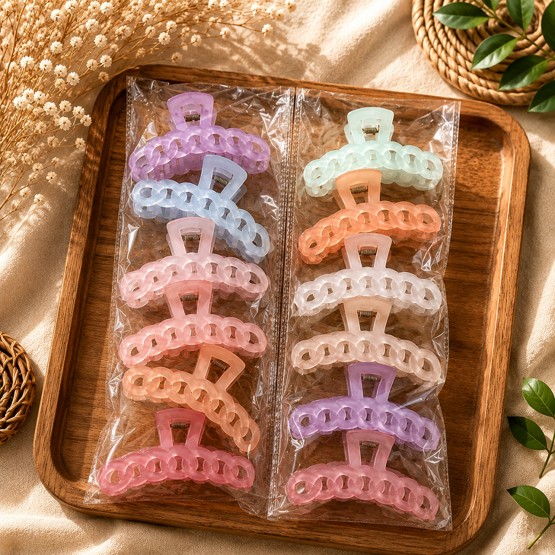 Pastel Chain Design Hair Claw Clips – Pack of 12 Pcs | Wholesale Price ₹120