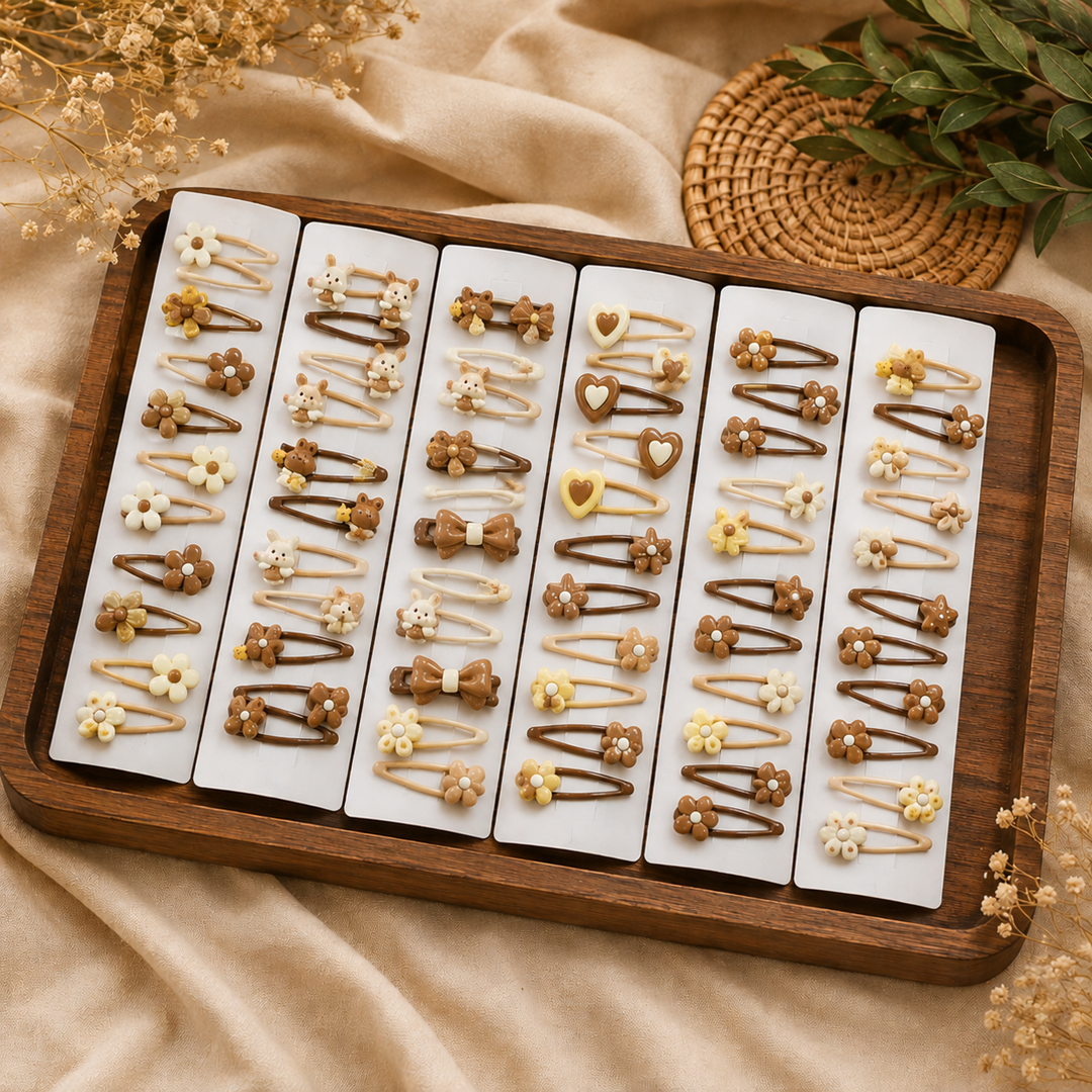 Coffee Tic Tac Hair Clips – 20 Pair Random Design | Premium Hair Accessories