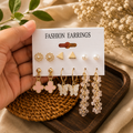Premium Multi Design Earrings Set | Flower, Triangle, Pearl, Butterfly & Crystal Hoop Earrings | Wholesale Price ₹270 (Pack of 3 Pieces)