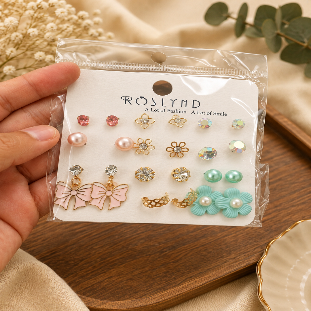 ✨ Premium 11 Pair Korean Style Earrings Set | Wholesale Price ₹195 (Pack of 3 Sets)