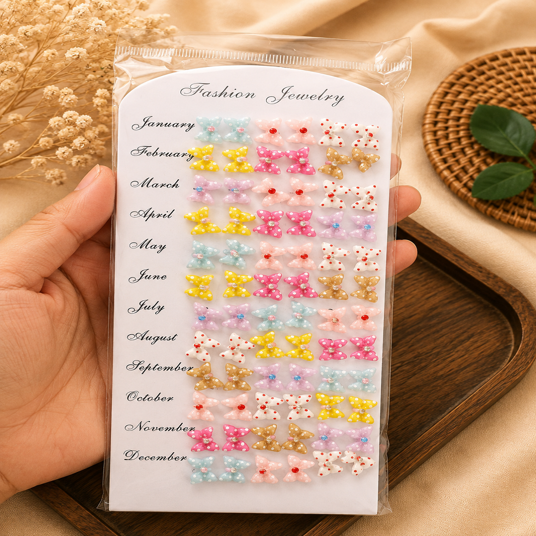 Premium 36 Pairs Mini Bow Stud Earrings Set | Wholesale Price ₹240 | Random Multicolor Designs