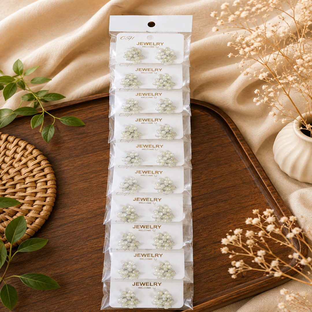 Premium White Pearl Flower Earrings – 10 Pairs | Wholesale Price ₹360 (Pack of 10 Pairs)