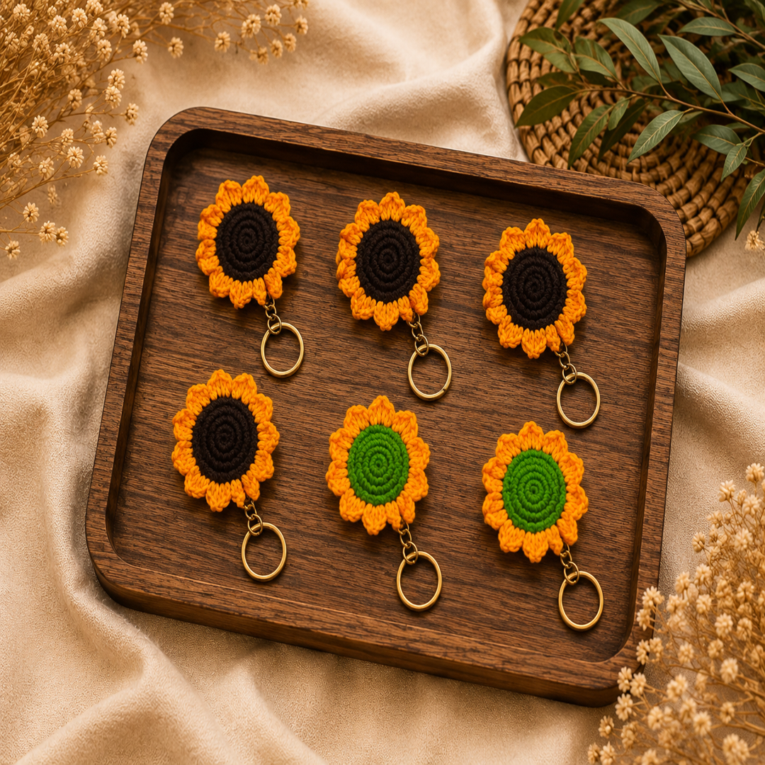 Premium Crochet Sunflower Keychain – Pack of 6 Pcs | Wholesale Price ₹480 (₹80 Per Piece)