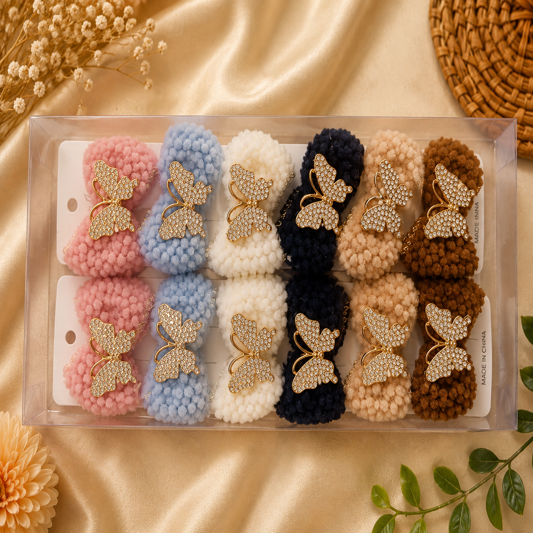 Soft Pom Pom Butterfly Hair Clip Pack of 12 Pcs | Wholesale Price ₹240