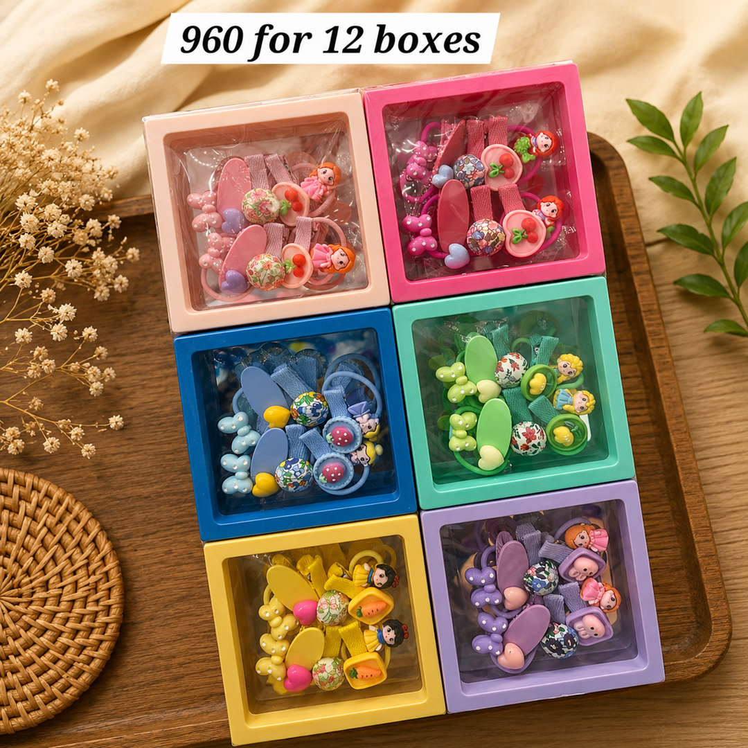 Premium Hair Clip & Rubber Band Set – 12 Boxes | 2 Hair Clips + 2 Hair Rubber Bands in Each Box | Wholesale Price ₹960 per Dozen