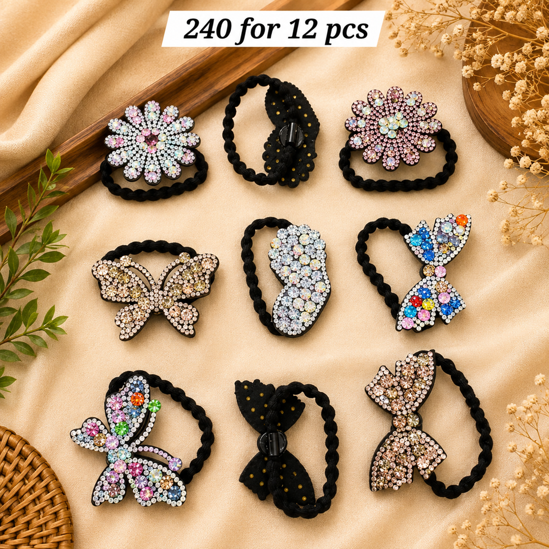 Premium Multicolour Stone Hair Rubber Bands – Pack of 12 Pcs | Wholesale Price ₹240
