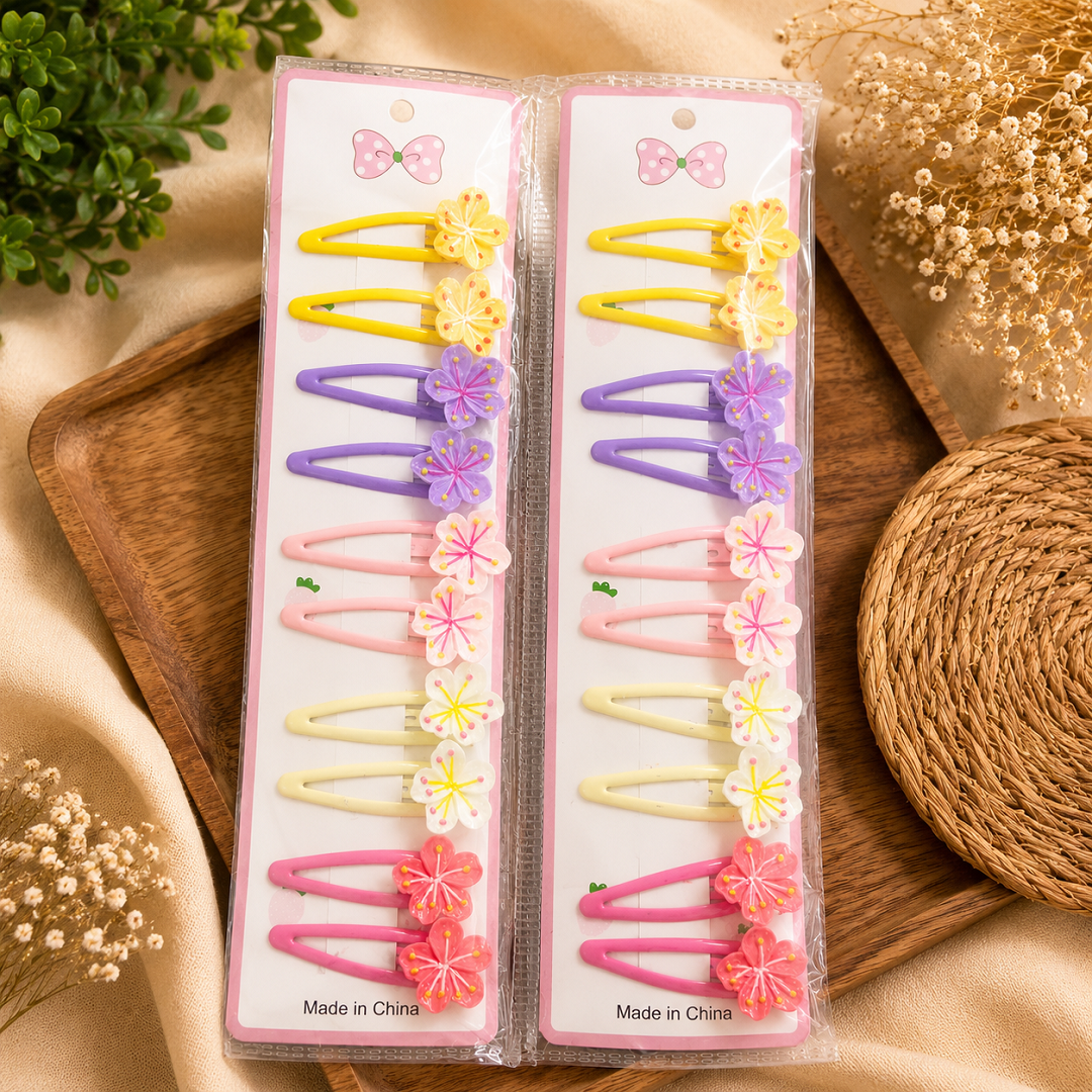 Premium Flower Snap Hair Clips – Pack of 10 Pairs | Wholesale Price ₹150