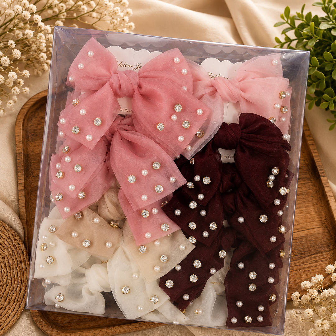 Luxury Pearl Bow Chiffon Hair Scrunchies – Pack of 12 Pcs | Wholesale Price ₹780