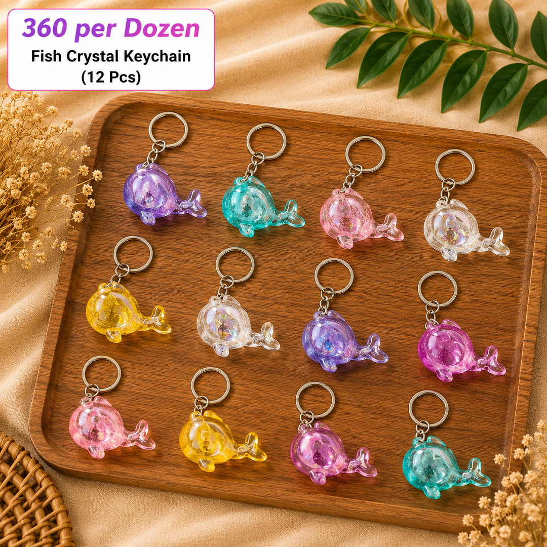 Crystal Fish Keychain Pack of 12 Pcs – Glitter Fish Key Ring | Wholesale Price ₹360 per Dozen