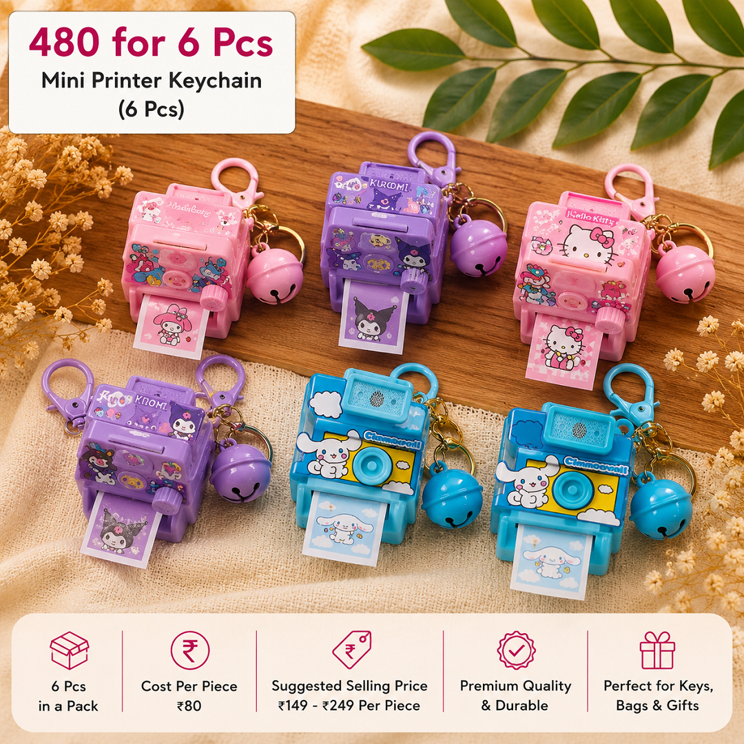 Mini Printer Keychain Pack of 6 Pcs – Cute Cartoon Printer Key Ring | Wholesale Price ₹480 per Pack