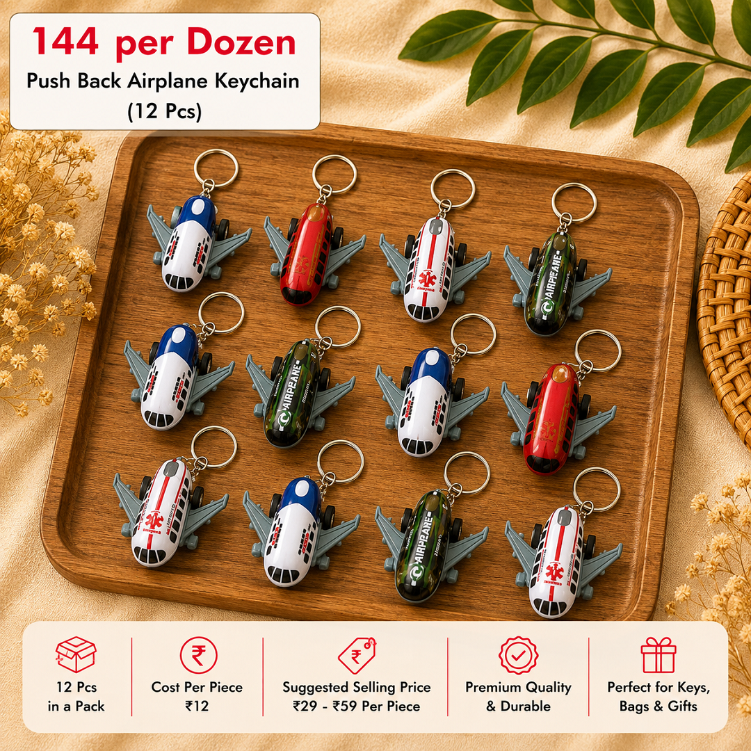 Push Back Airplane Keychain Pack of 12 Pcs – Mini Toy Airplane Key Ring | Wholesale Price ₹144 per Dozen