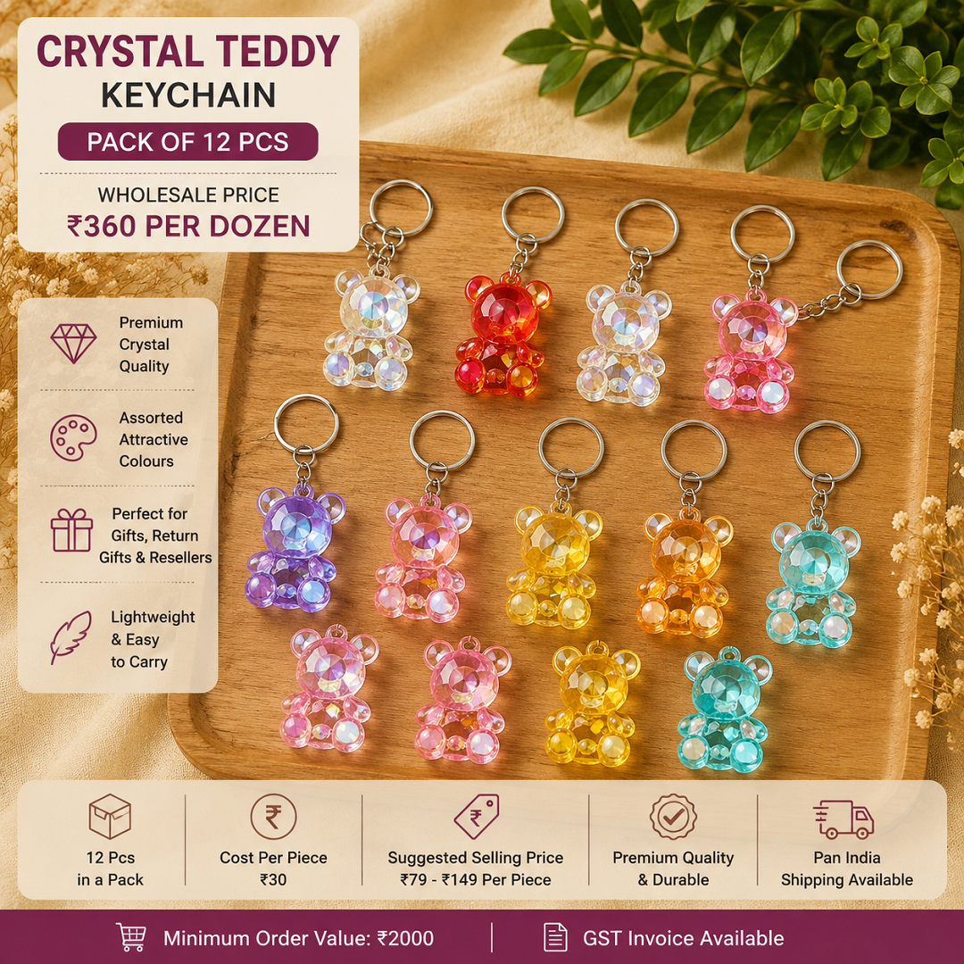 Crystal Teddy Bear Keychain Pack of 12 Pcs – Premium Crystal Bear Keychain | Wholesale Price ₹360 per Dozen