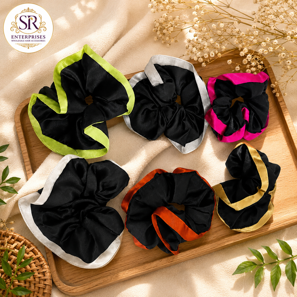 Black Satin Contrast Border Scrunchie – Pack of 12 Pcs | Premium Hair Tie | Wholesale Price ₹180 Per Dozen