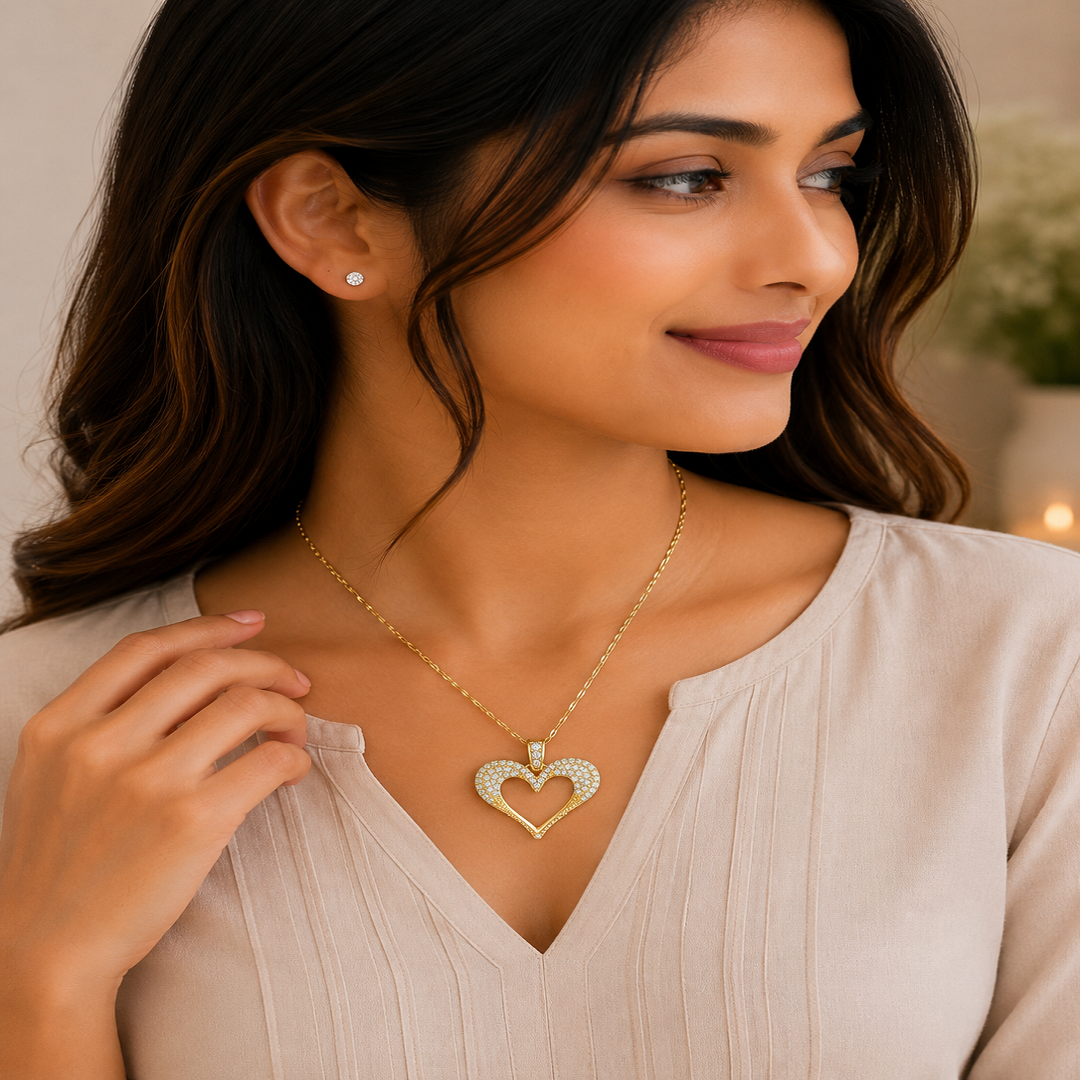 Golden Double Heart Crystal Pendant Necklace – Pack of 3 Pcs | Wholesale Price ₹300