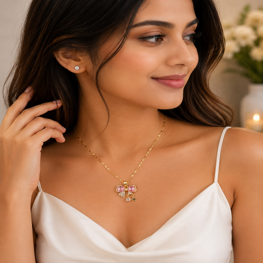 Golden Pink Bow Pendant Necklace – Pack of 3 Pcs | Wholesale Price ₹300