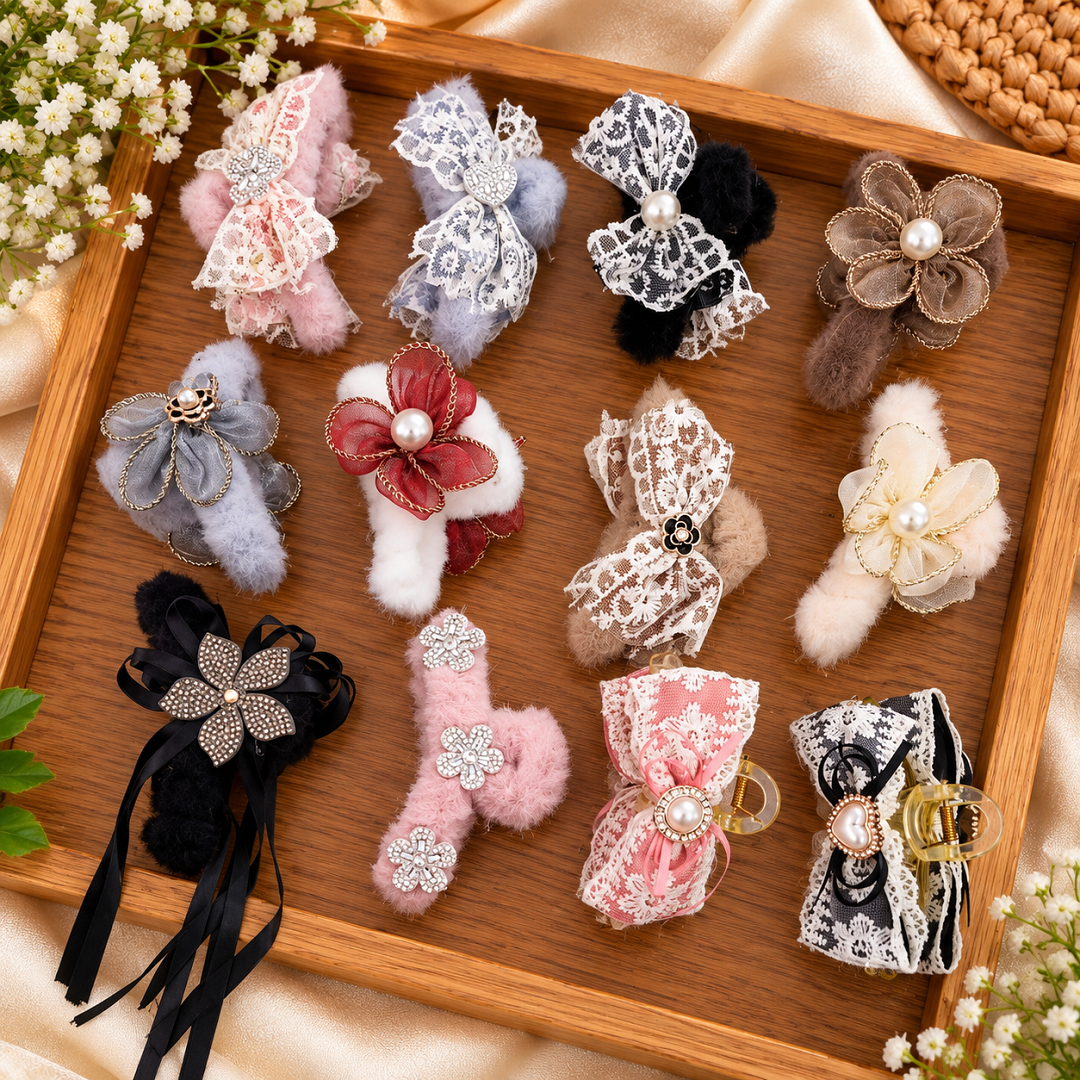 Premium Fancy Lace & Pearl Hair Clips – Pack of 12 Pcs | Wholesale Price ₹540