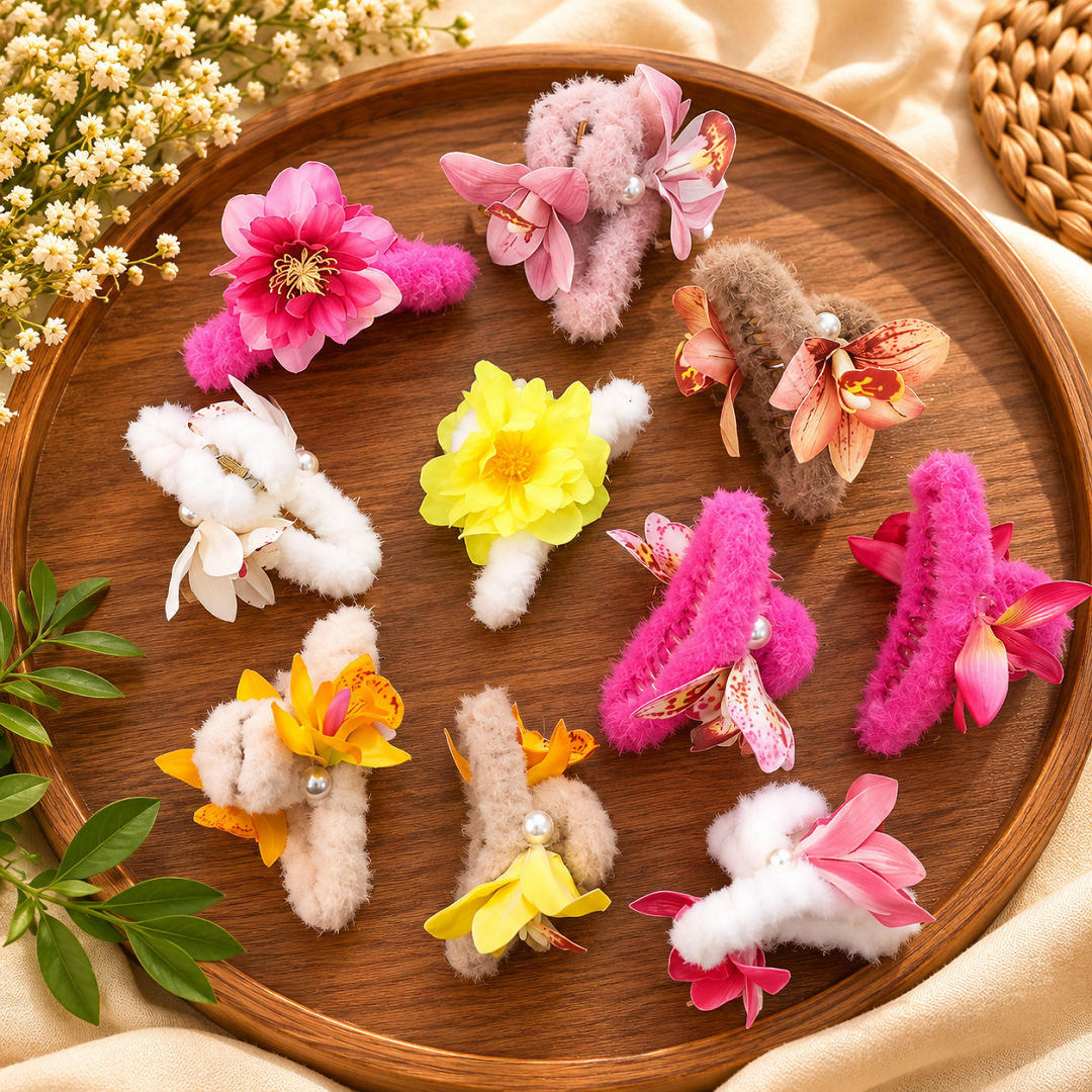 Premium Floral Plush Hair Clips Pack of 12 Pcs – Flower Design Hair Accessories | Wholesale Price 540