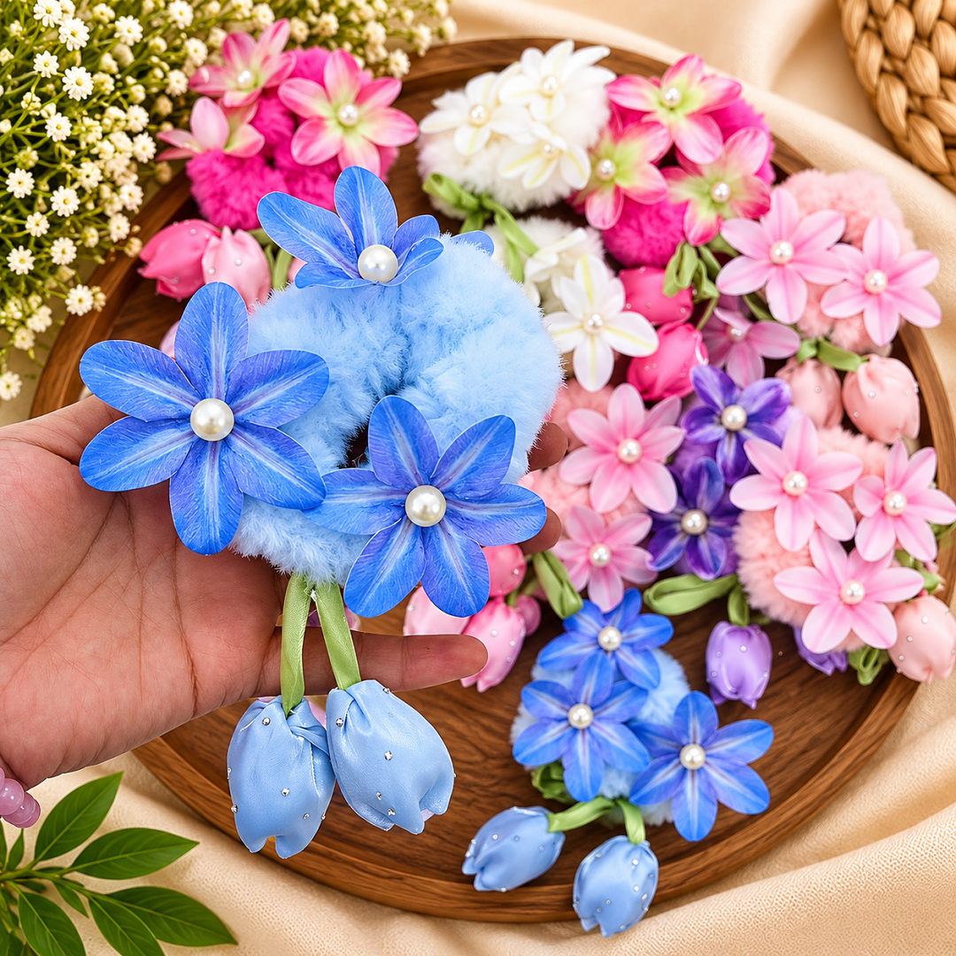 Premium Floral Fur Hair Scrunchie – Pearl Flower & Tulip Design | Pack of 12 Pcs – Wholesale Price ₹540