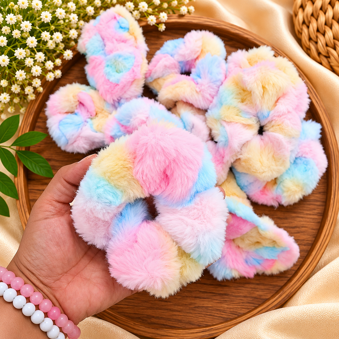 Pastel Fluffy Fur Scrunchies Pack of 12 Pcs – Premium Hair Scrunchie | Wholesale Price ₹240 per Dozen