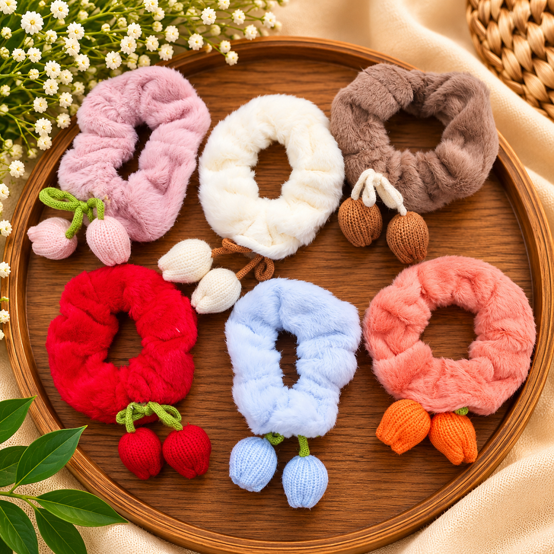 Premium Plush Fur tulip Scrunchies Pack of 12 Pcs – Trendy Hair Scrunchies | Wholesale Price ₹540 per Dozen