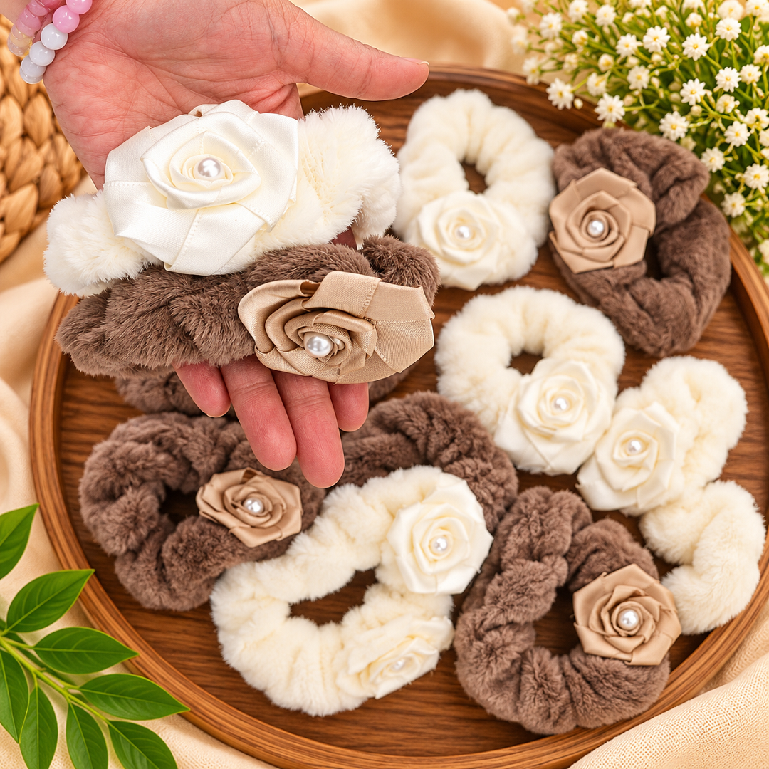 Premium Rose Design Plush Fur Scrunchies Pack of 12 Pcs – Soft Floral Hair Scrunchies | Wholesale Price ₹540 per Dozen