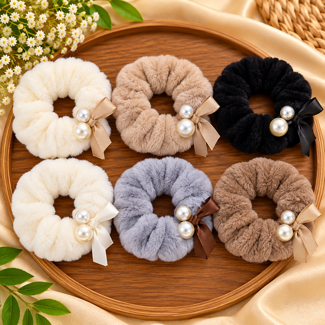 Luxury Pearl Bow Fur Scrunchies Pack of 12 Pcs – Premium Hair Accessories | Wholesale Price ₹540 per Dozen