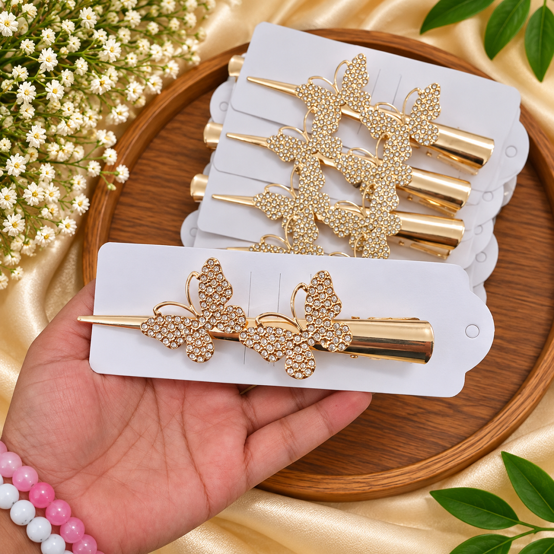 Metal Rhinestone Butterfly Hair Stick Pack of 12 Pcs – Premium Decorative Hair Bun Pins | Wholesale Price ₹720 per Dozen