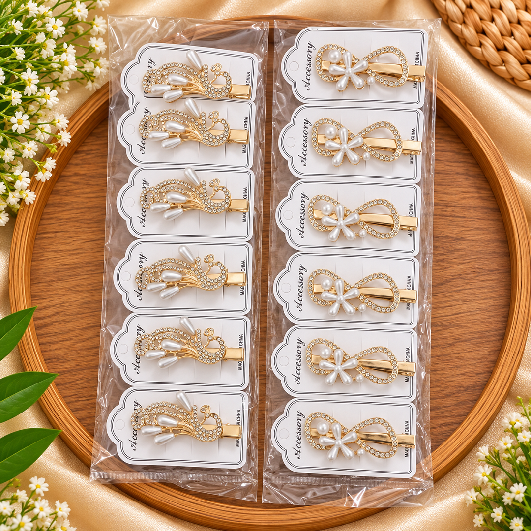 Metal Pearl & Rhinestone Hair Clips Pack of 12 Pcs – Premium Hair Accessories | Wholesale Price ₹240 per 12 Pcs