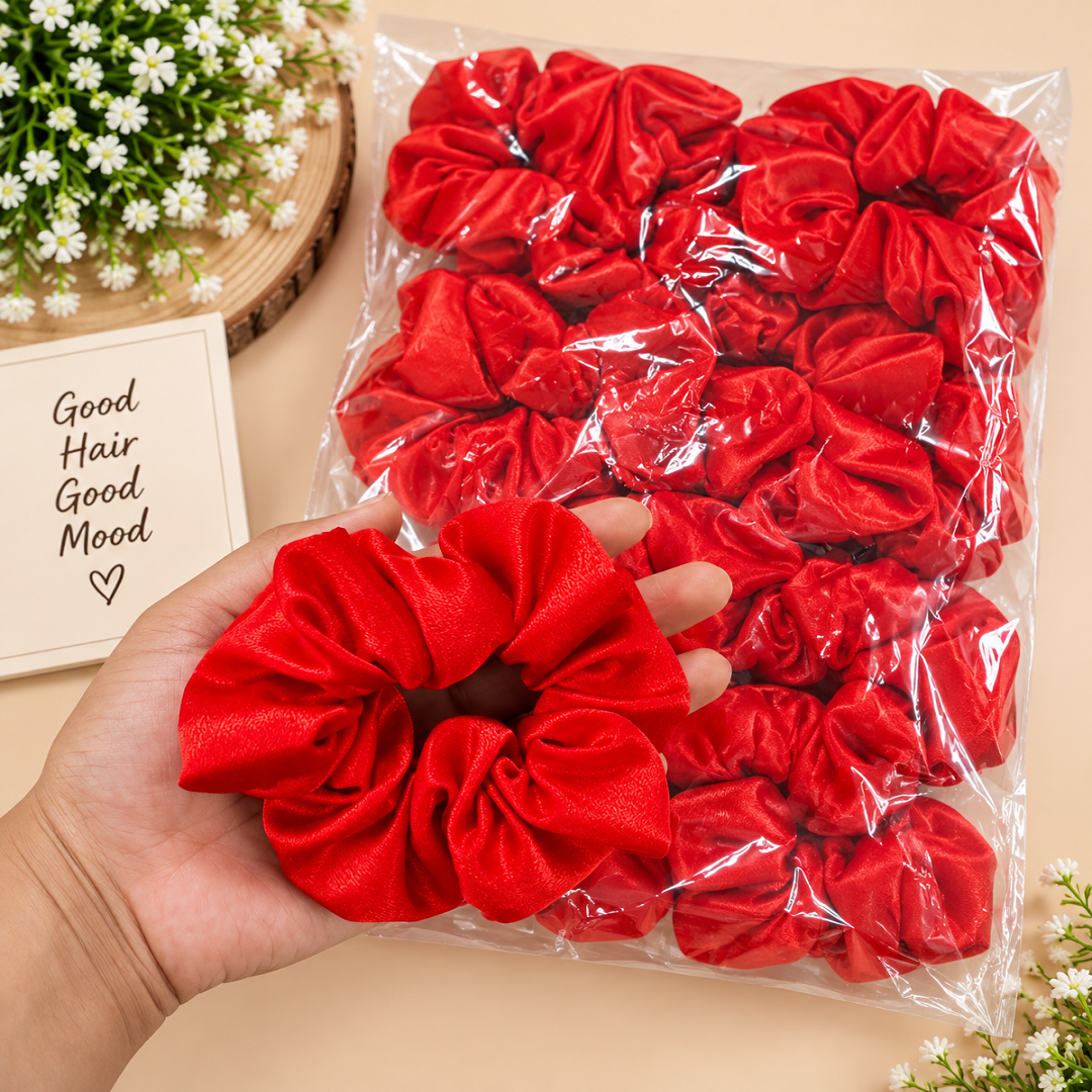 🎀 Premium Red Satin Scrunchies Pack of 12 Pcs | Soft & Shiny Hair Accessories | Wholesale Price ₹144