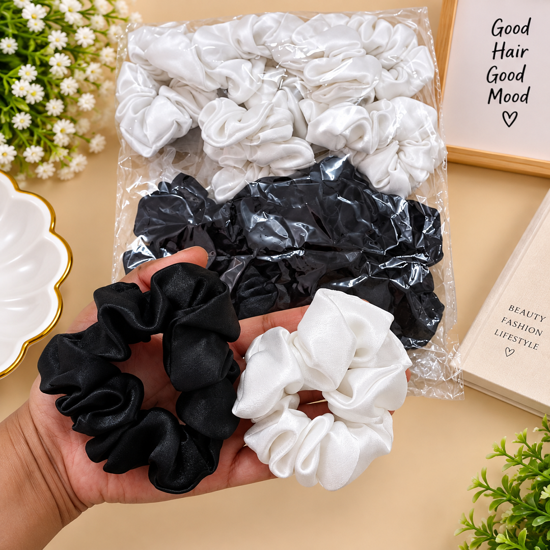 🎀 Premium Satin Scrunchies Pack of 12 Pcs | Black & White Hair Accessories | Wholesale Price ₹144