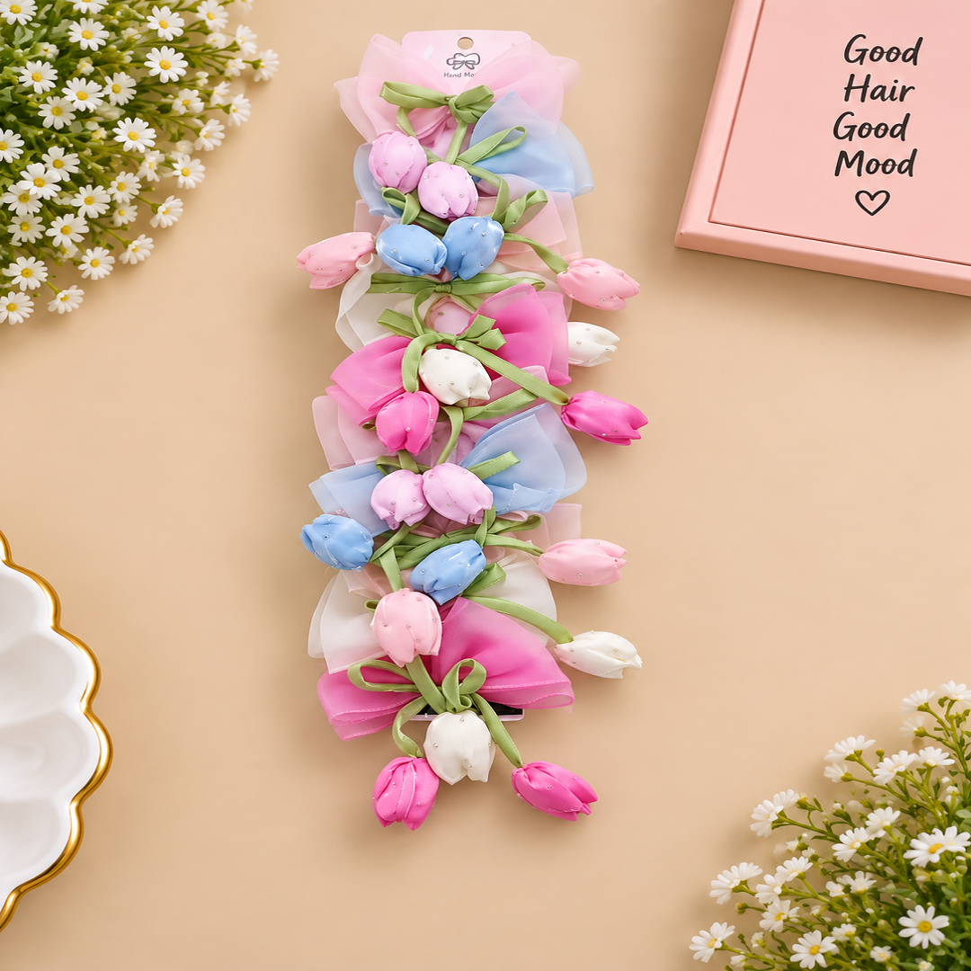 🌷 Premium Floral Tulip Bow Hair Clips Combo Pack of 10 Pcs | Cute Pastel Flower & Bow Hair Accessories | Wholesale Price ₹420