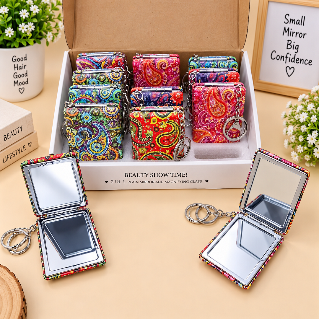 Premium Printed Pocket Mirror Keychain – Pack of 12 Pcs | 2-in-1 Plain & Magnifying Mirror | Stylish Assorted Designs | Wholesale Price ₹900