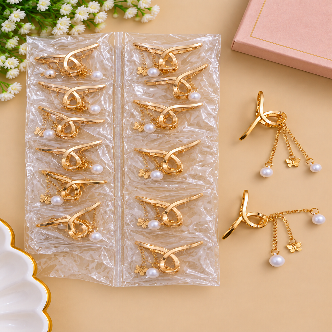 Premium Golden Metal Pearl Hair Clips Pack of 12 Pcs | Butterfly Charm & Pearl Chain Design | Stylish Hair Accessories | Wholesale Price ₹540