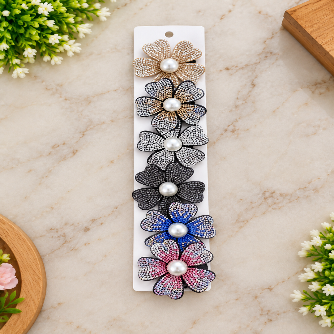 Premium Pearl Flower Hair Clips | Pack of 6 Pcs | Sparkling Rhinestone Floral Design | Assorted Colors | Wholesale Price ₹240
