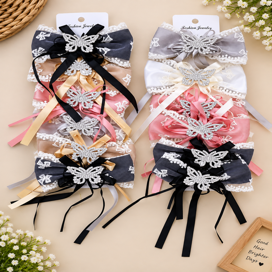 Premium Butterfly Rhinestone Lace Bow Hair Clips Combo Pack of 12 Pcs | Stylish Designer Hair Accessories | Wholesale Price ₹480
