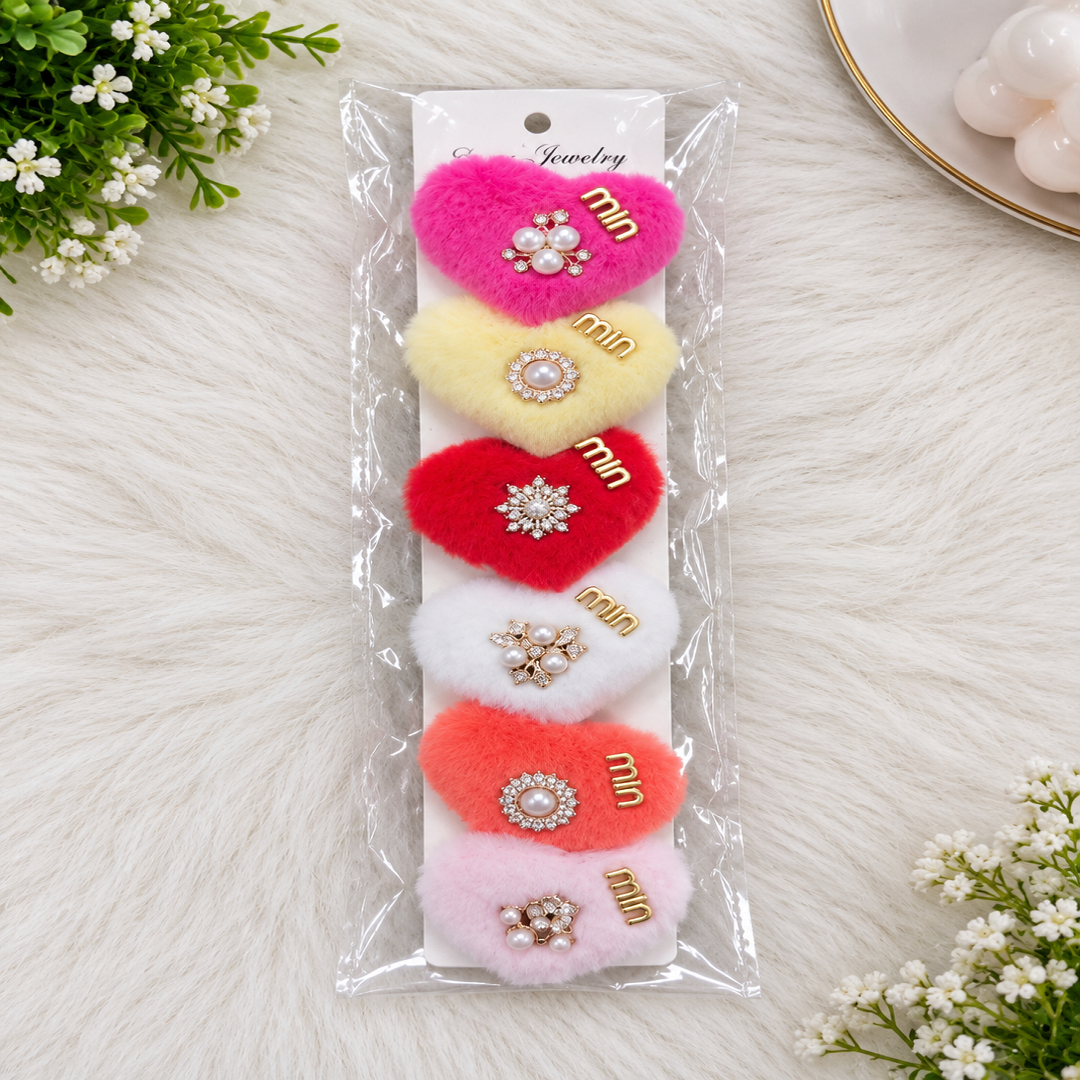 Heart Shape Fur Hair Clips Pack of 6 Pcs – Pearl & Stone Design | Wholesale Price ₹120 per Pack