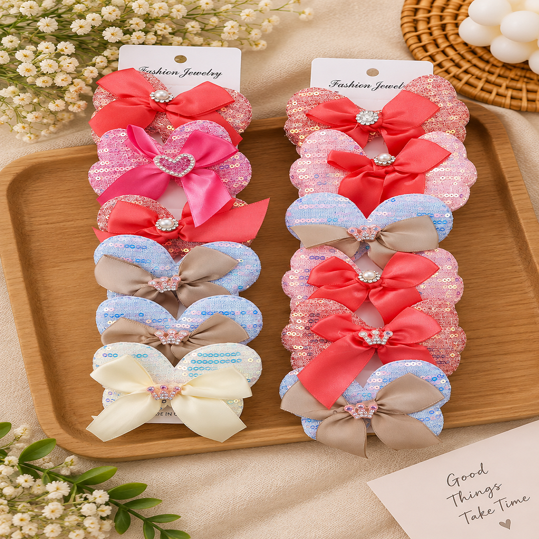 Heart Sequin Bow Hair Clips Pack of 12 Pcs – Fancy Pearl & Rhinestone Hair Clips | Wholesale Price ₹360 per Dozen