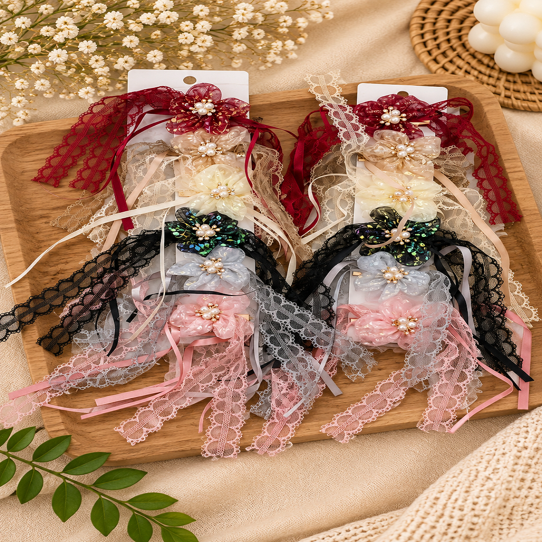 Fancy Lace Floral Hair Accessories Pack of 12 Pcs – Pearl & Ribbon Design | Wholesale Price ₹480 per Dozen