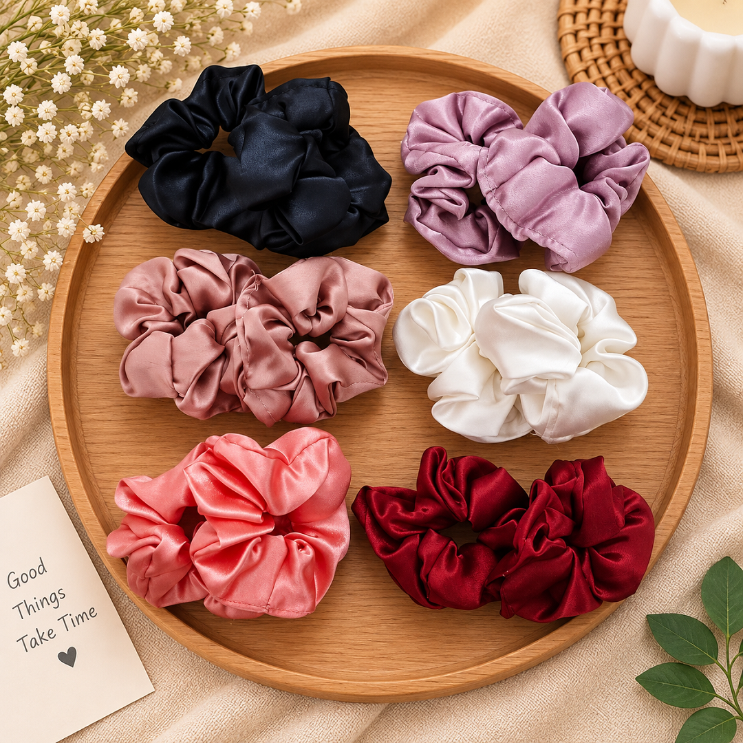 Premium Satin Scrunchies Pack of 12 Pcs – Random Colours | Wholesale Price ₹108