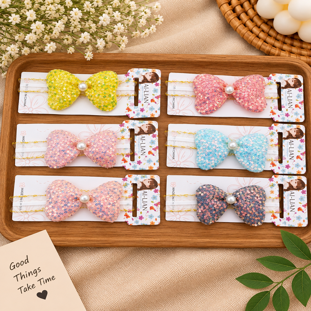 Sequin Bow Hair Band with Pearl Center – Pack of 12 Pcs | Wholesale Price ₹180
