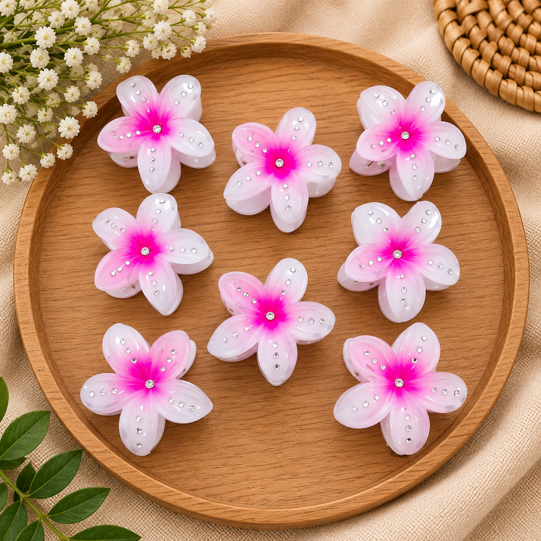 Flower Hair Clips with Rhinestone Detailing – Pack of 8 Pcs | Wholesale Price ₹240