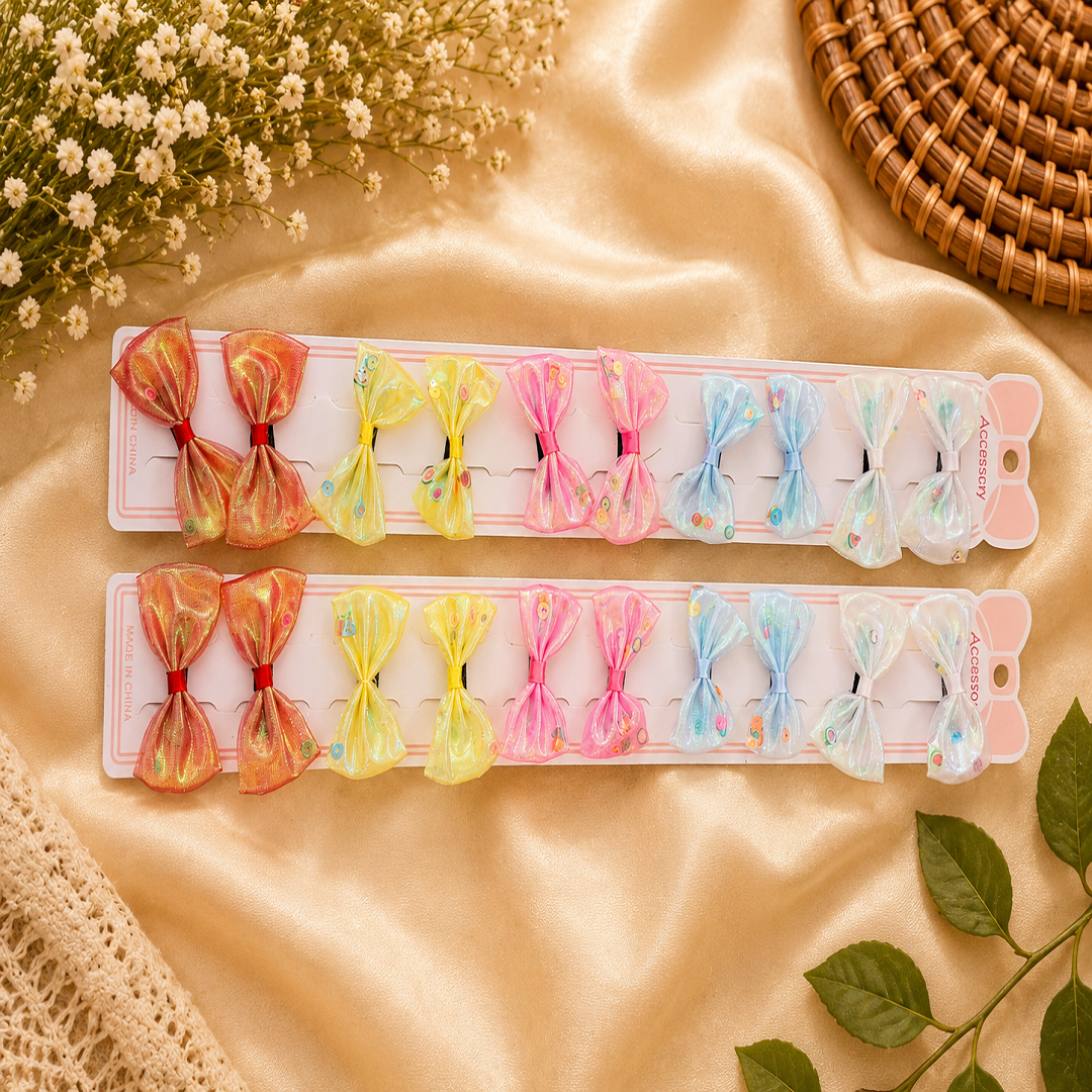 Glitter Organza Bow Hair Clips Pack of 10 Pairs | Wholesale Price ₹240