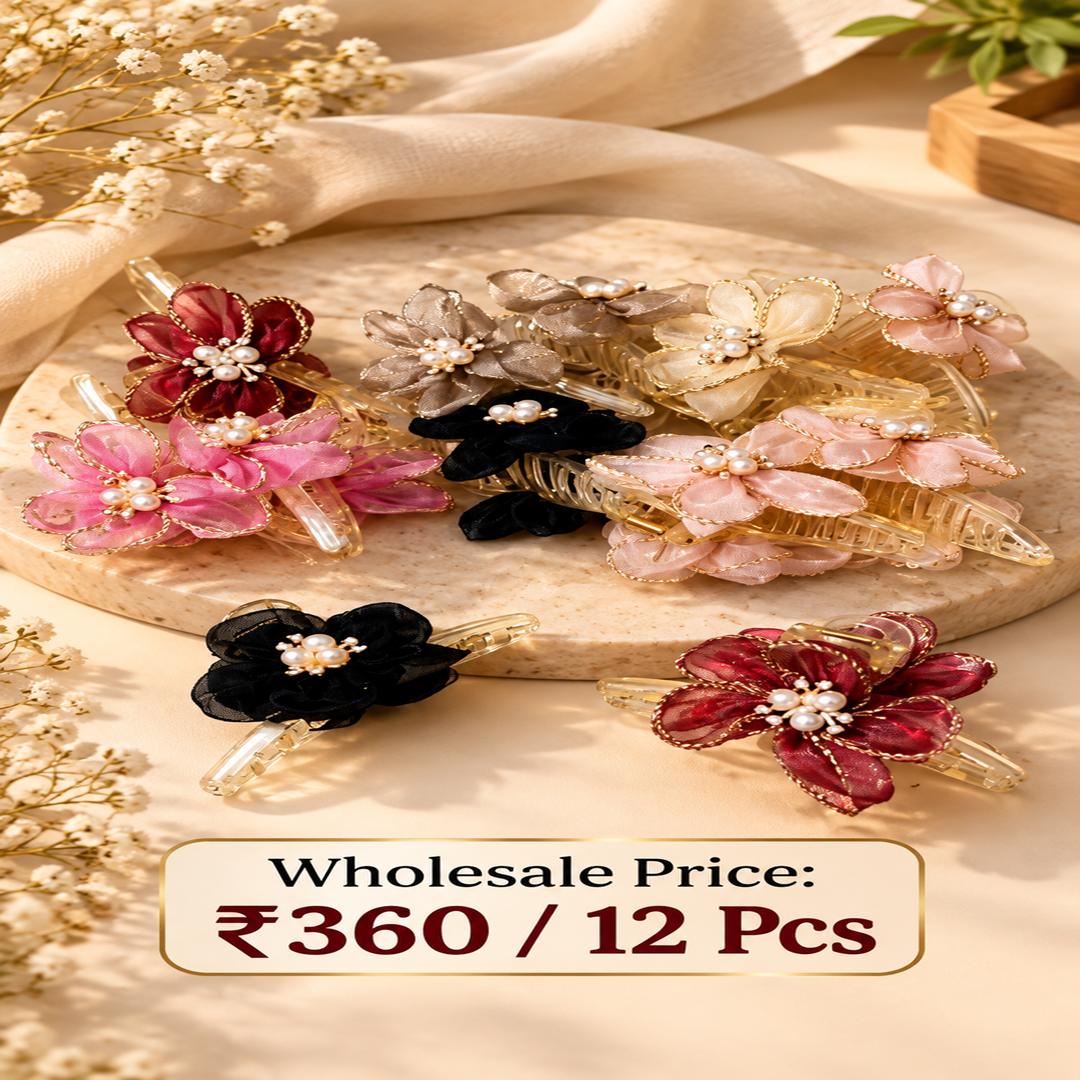 Premium Fancy Flower Hair Clutcher Pack of 12 Pcs – Wholesale Price ₹360 per Dozen