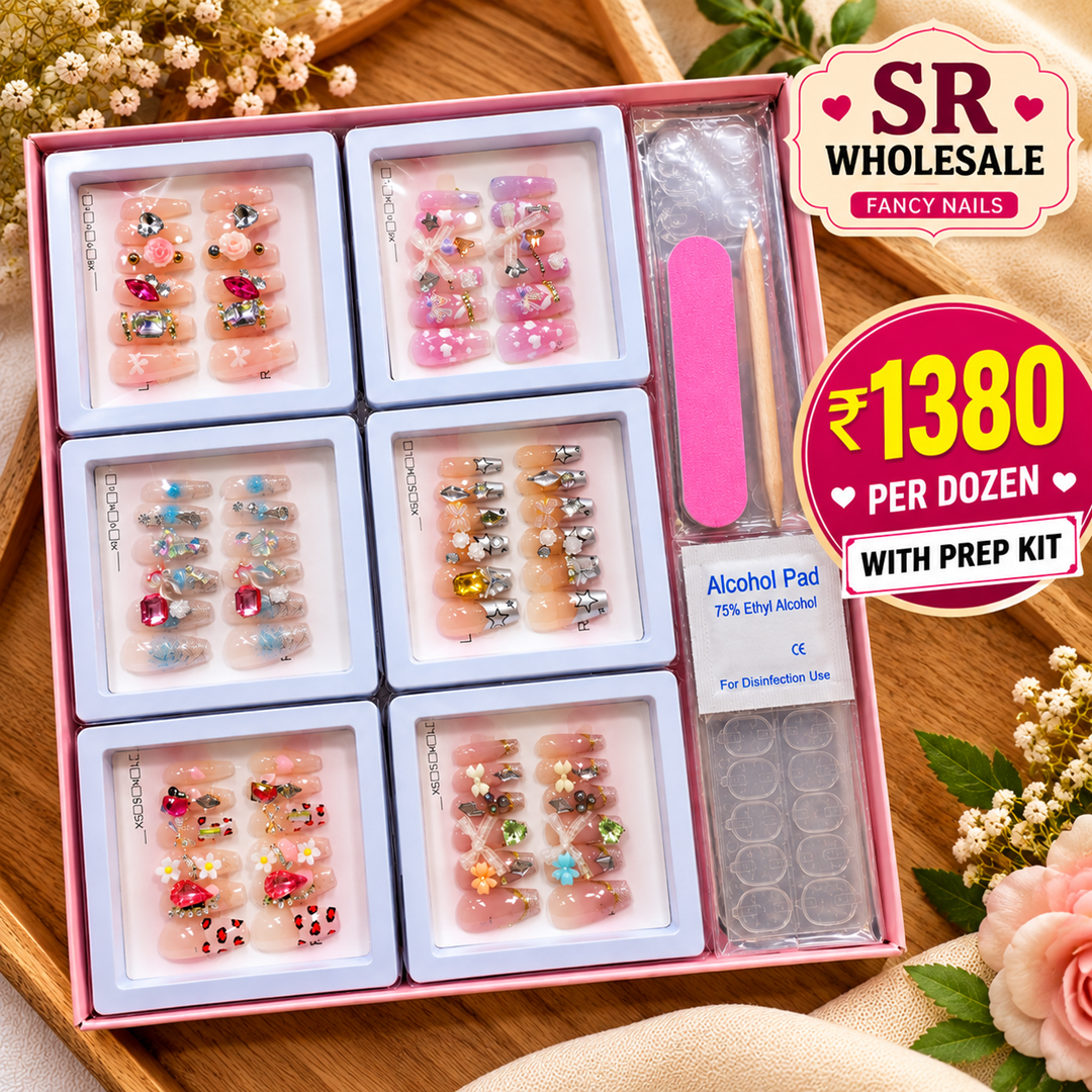 Premium Korean Press On Nails Pack of 12 Pcs – Trendy Nail Set | Wholesale Price ₹1380 per Dozen