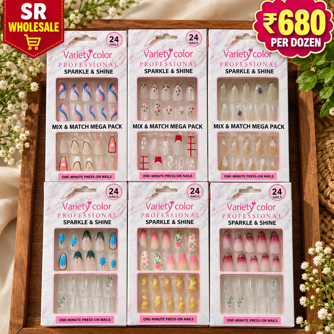 Korean Press-On Nails – Pack of 12 Pcs | Wholesale Price ₹680 per Dozen random designs and colours