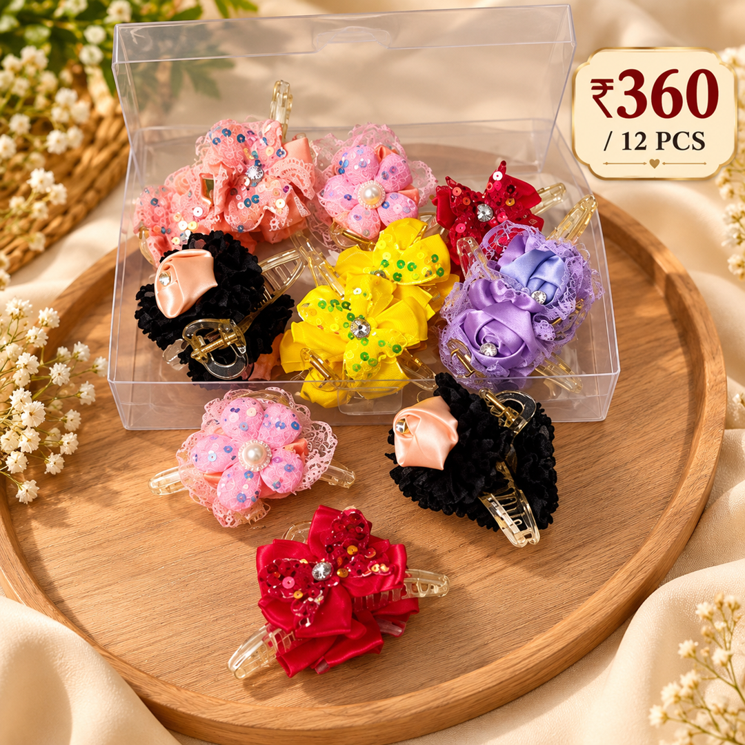 Premium Fancy Flower Hair Clutcher Pack of 12 Pcs – Wholesale Price ₹360 per Dozen
