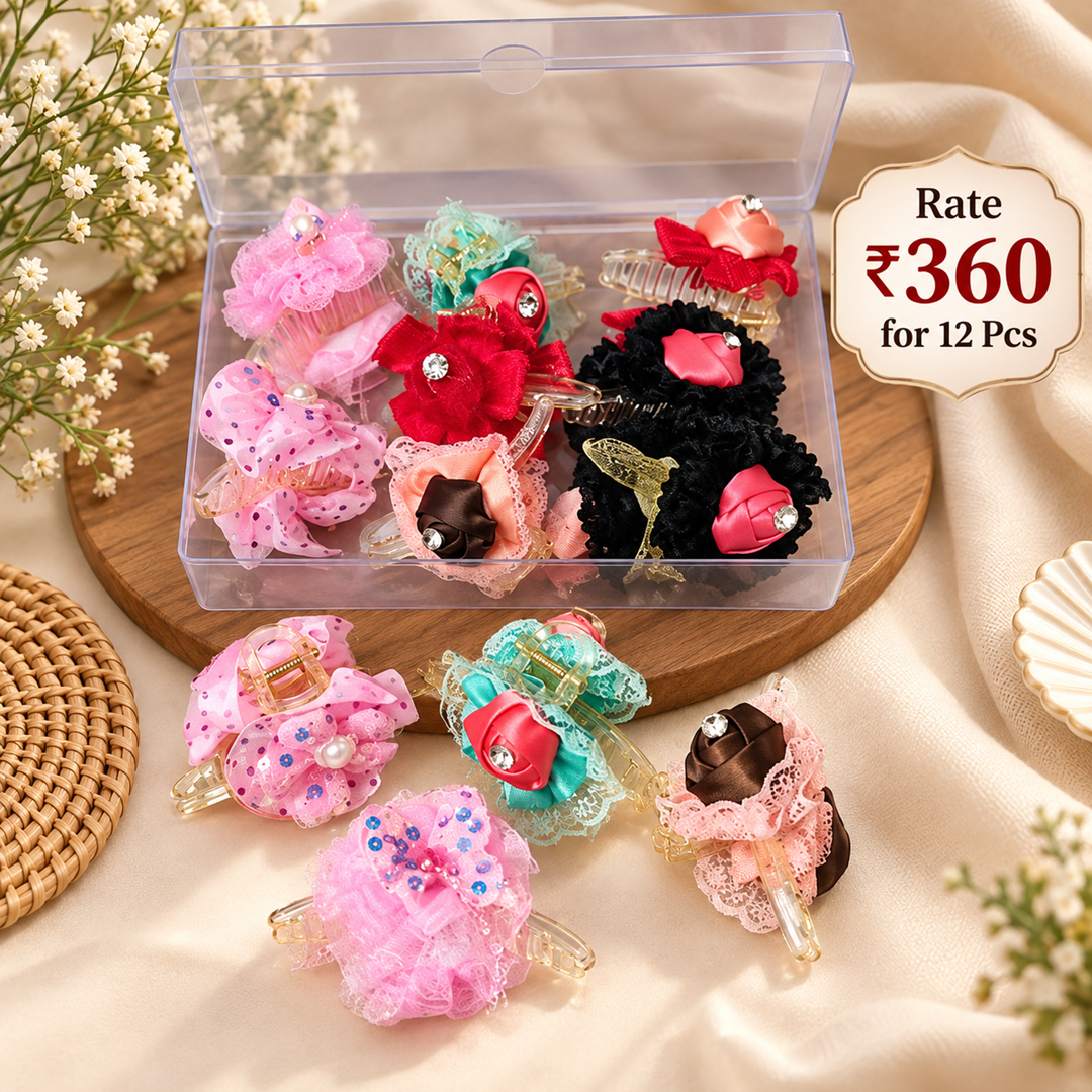 Premium Fancy Flower Hair Clutcher Pack of 12 Pcs – Wholesale Price ₹360 per Dozen